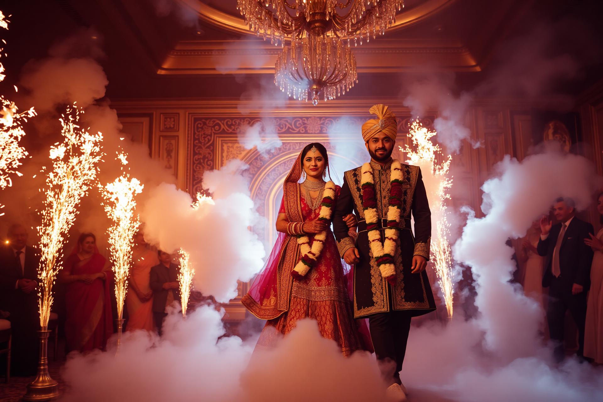 Indian bride and groom grand entry with cold fire pyro and dry ice fog in a luxury Bangalore banquet hall